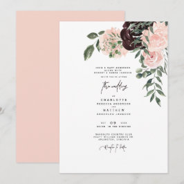 Elegante Waterverf Roze & Wijn Bloemige Trouw Kaart