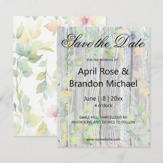 Elegante waterverf roze wilde bloemen barnwood save the date (Voorkant / Achterkant)