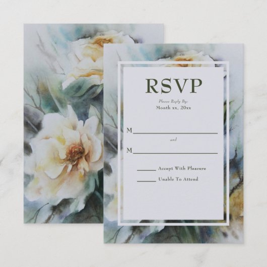Elegante Waterverf Rozen Cream en Sage Green RSVP Kaartje (Voorkant / Achterkant)