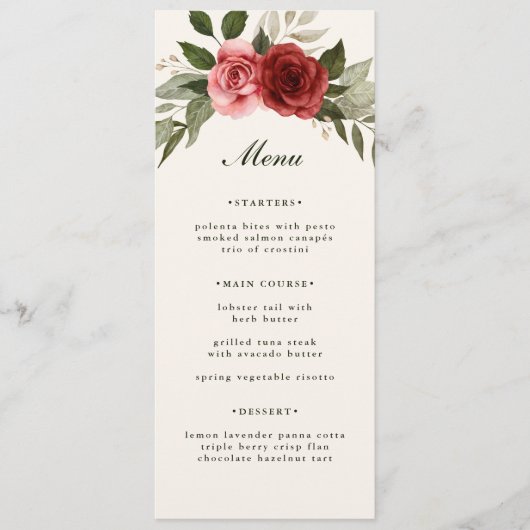 Elegante Waterverf Rozen en Foliage Wedding Menu (Voorkant)