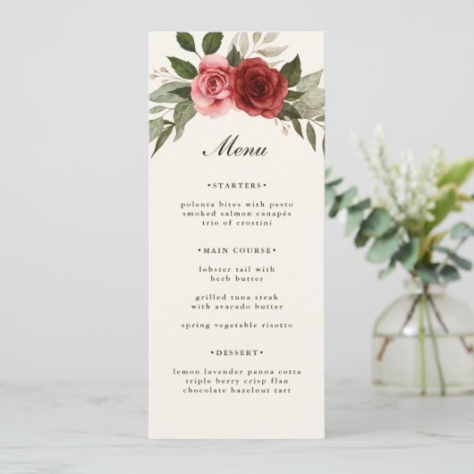 Elegante Waterverf Rozen en Foliage Wedding Menu (Staand voorkant)
