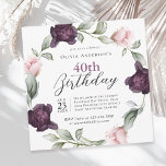 Elegante Waterverf Rozen Floral 40ste Verjaardag Kaart<br><div class="desc">Een zacht, luxueus 40e verjaardagsfeestje waar het brandpunt is een krans van delicate waterverf rozen beschilderd in zachte blozende roze en rijke pruimen paars verweven met takjes van kruidig groen. Deze bloemenelementen lijsten jouw tekst met een romantisch en elegant tintje. Met behulp van een mix van elegante seriële en moderne...</div>