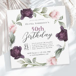 Elegante Waterverf Rozen Floral 50ste verjaardag Kaart<br><div class="desc">Een zacht, luxueus 50ste verjaardagsfeestje waar het brandpunt is een krans van delicate waterverf rozen beschilderd in zachte blozende roze en rijke pruimen paars verweven met takjes kruidig groen. Deze bloemenelementen lijsten jouw tekst met een romantisch en elegant tintje. Met behulp van een mix van elegante seriële en moderne scriptlettertypen...</div>
