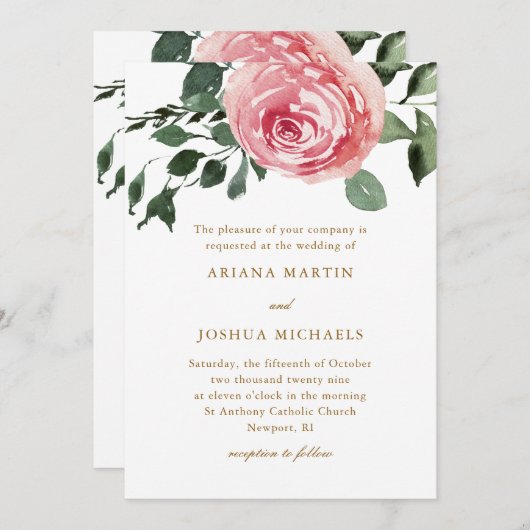 Elegante Waterverf Rozen Trouw Uitnodiging (Voorkant / Achterkant)