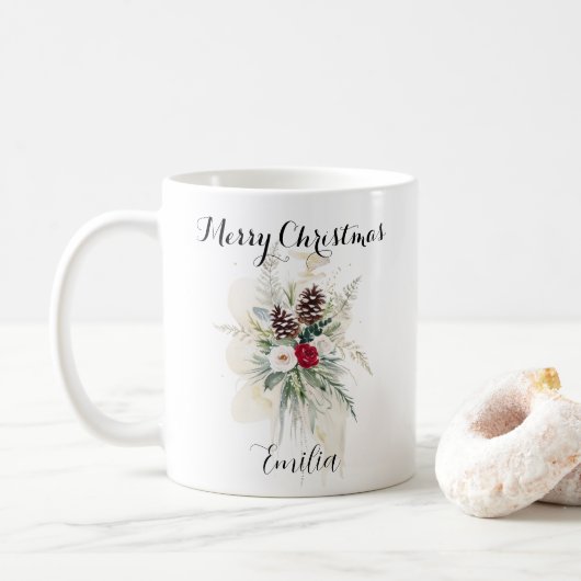 Elegante Waterverf Rustieke Pine Bloemen Kerst Koffiemok (Met donut)