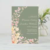 Elegante Waterverf Sage Green Wildflowers Wedding Kaart (Staand voorkant)