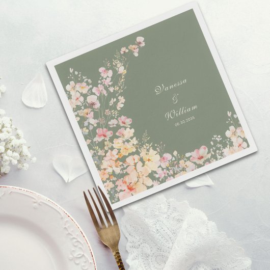 Elegante Waterverf Sage Green Wildflowers Wedding Servet