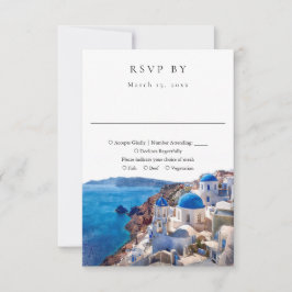 Elegante Waterverf Santorini Griekenland Huwelijk RSVP Kaartje