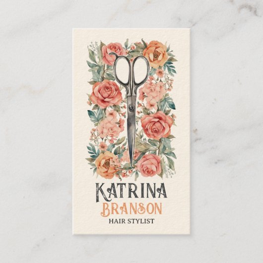 Elegante Waterverf Schaar & Bloemen Visitekaartje (Voorkant)