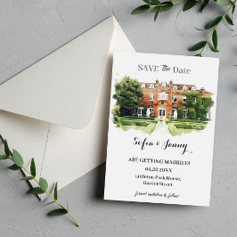 Elegante waterverf schets van trouwlocatie save the date