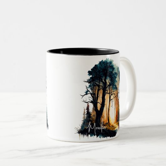 Elegante Waterverf Schilderen van Bos bij zonsonde Tweekleurige Koffiemok (Voorkant rechts)