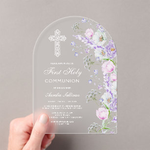Elegante waterverf sering bloemen Eerste Communie Acryl Uitnodigingen