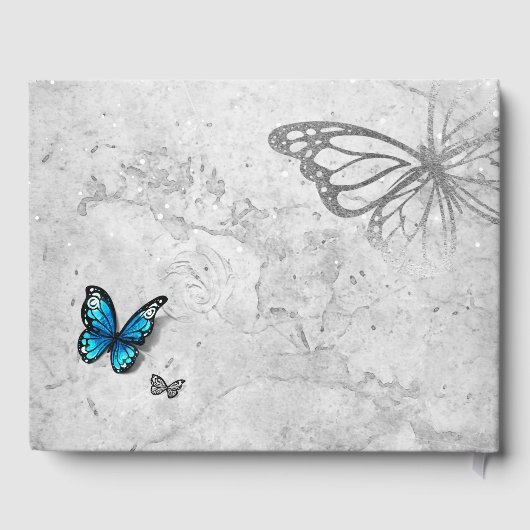 Elegante Waterverf Silver en Blue Butterfly Gastenboek (Achterkant)