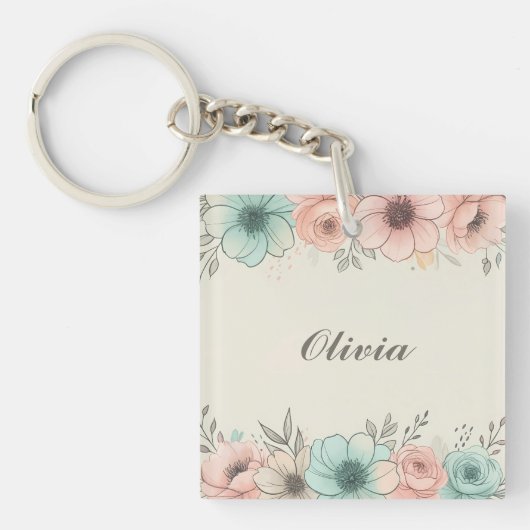 Elegante Waterverf Sketchy Flowers Sleutelhanger (Voorkant)