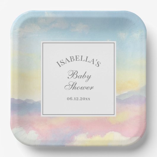 Elegante Waterverf Sky and Clouds Baby shower Papieren Bordje (Voorkant)