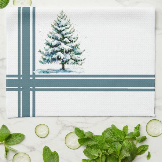 Elegante Waterverf Snowy Spruce Tree Monogrammed Theedoek (Gevouwen)