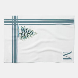 Elegante Waterverf Snowy Spruce Tree Monogrammed Theedoek