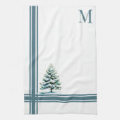 Elegante Waterverf Snowy Spruce Tree Monogrammed Theedoek (Verticaal)
