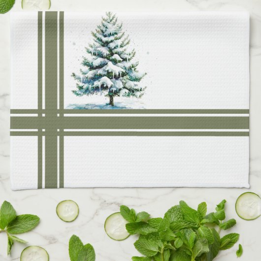 Elegante Waterverf Snowy Spruce Tree Monogrammed Theedoek (Gevouwen)