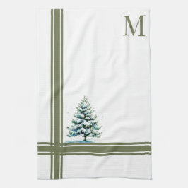 Elegante Waterverf Snowy Spruce Tree Monogrammed Theedoek