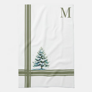 Elegante Waterverf Snowy Spruce Tree Monogrammed Theedoek