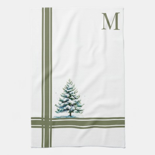 Elegante Waterverf Snowy Spruce Tree Monogrammed Theedoek (Verticaal)