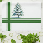 Elegante Waterverf Snowy Spruce Tree Monogrammed Theedoek (Gevouwen)