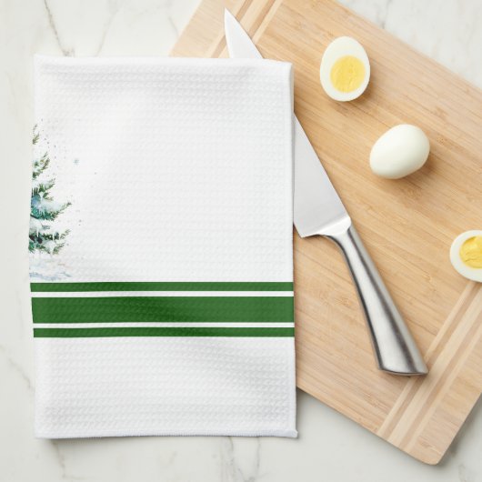 Elegante Waterverf Snowy Spruce Tree Monogrammed Theedoek (Quarter Fold)