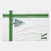 Elegante Waterverf Snowy Spruce Tree Monogrammed Theedoek (Horizontaal)