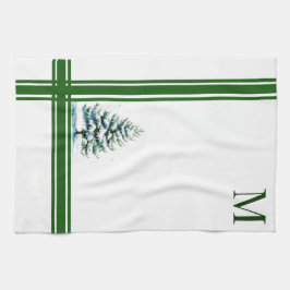 Elegante Waterverf Snowy Spruce Tree Monogrammed Theedoek