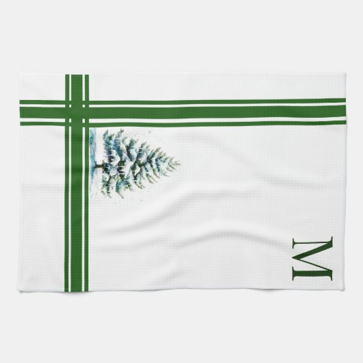 Elegante Waterverf Snowy Spruce Tree Monogrammed Theedoek (Horizontaal)