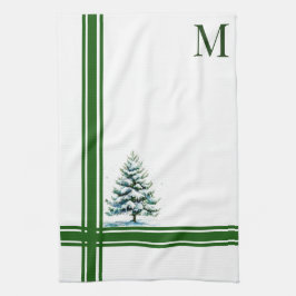 Elegante Waterverf Snowy Spruce Tree Monogrammed Theedoek