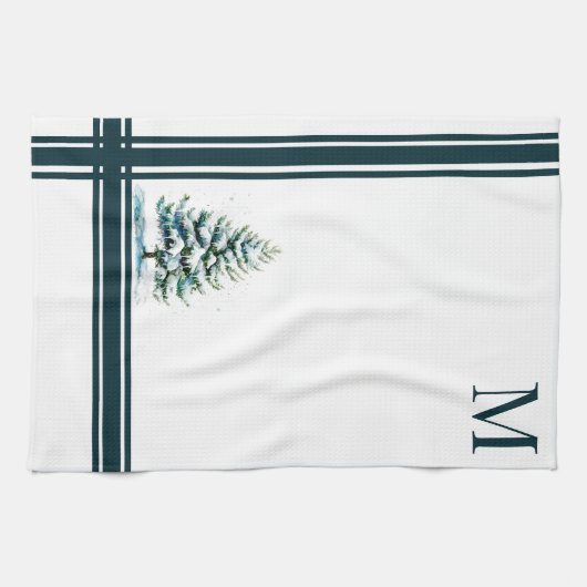 Elegante Waterverf Snowy Spruce Tree Monogrammed Theedoek (Horizontaal)