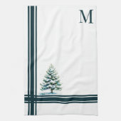 Elegante Waterverf Snowy Spruce Tree Monogrammed Theedoek (Verticaal)