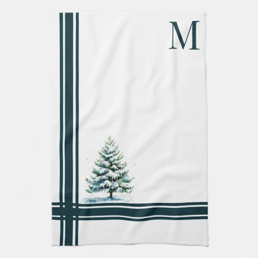 Elegante Waterverf Snowy Spruce Tree Monogrammed Theedoek (Verticaal)