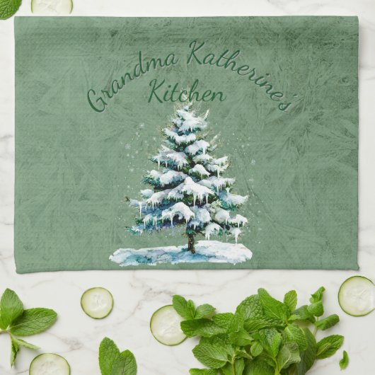 Elegante Waterverf Snowy Spruce Tree Oma Kitch Theedoek (Gevouwen)