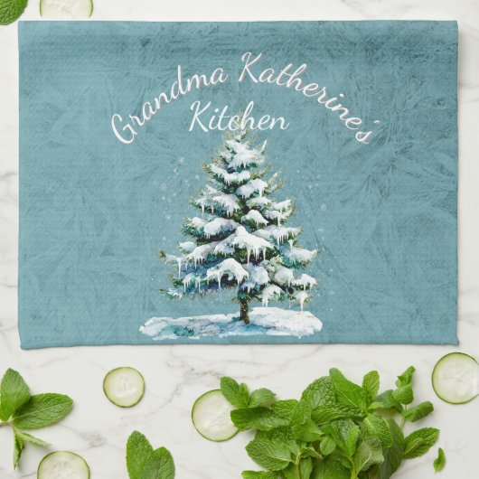 Elegante Waterverf Snowy Spruce Tree Oma Theedoek (Gevouwen)