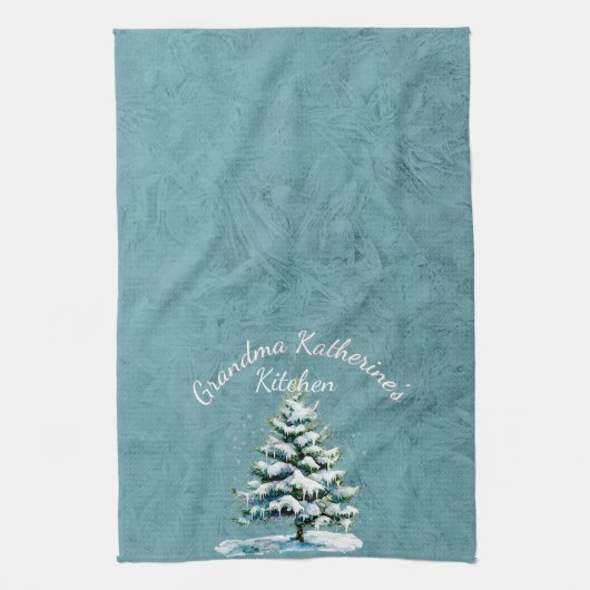 Elegante Waterverf Snowy Spruce Tree Oma Theedoek (Verticaal)