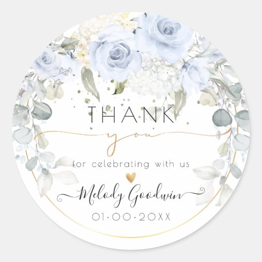 Elegante Waterverf Stof Blauwe Rozen Bedankt Ronde Sticker (Voorkant)