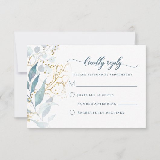 Elegante Waterverf Stoffig Blauw Bloemen Goud Brui RSVP Kaartje (Voorkant)