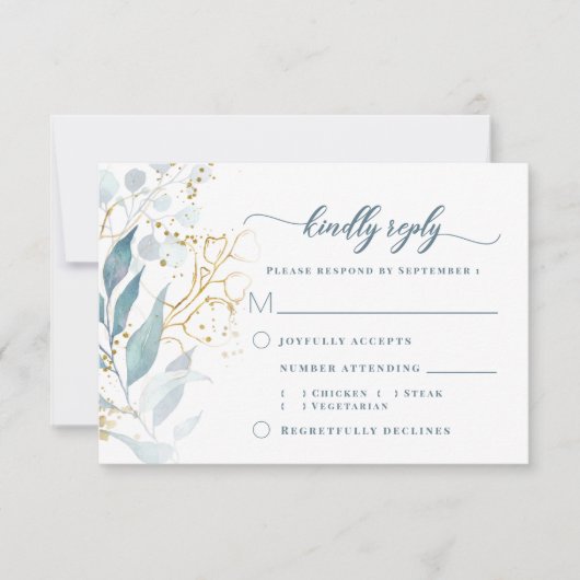 Elegante Waterverf Stoffig Blauw Bloemen Gouden Ma RSVP Kaartje (Voorkant)