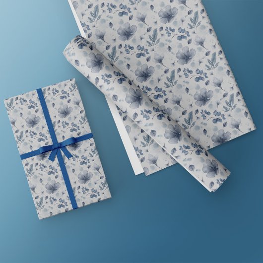 Elegante Waterverf Stoffig Blauw Bloemenpatroon Cadeaupapier