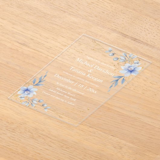 Elegante waterverf stoffige blauwe bloemen bruilof acryl uitnodigingen (Laagn)