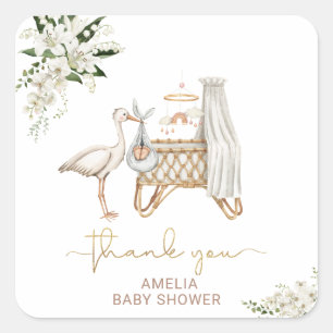 Elegante Waterverf StorkGirl wit Bloemen Baby Sho Vierkante Sticker