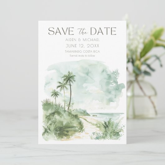 Elegante Waterverf strand bruiloft Save The Date (Staand voorkant)