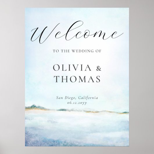 Elegante Waterverf Strand Kustbruiloft Welkom Poster (Voorkant)