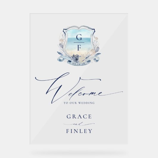 Elegante Waterverf strand Monogram Crest bruiloft Acryl Bord (Voorkant)