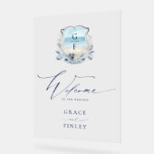 Elegante Waterverf strand Monogram Crest bruiloft Acryl Bord (Hoek)