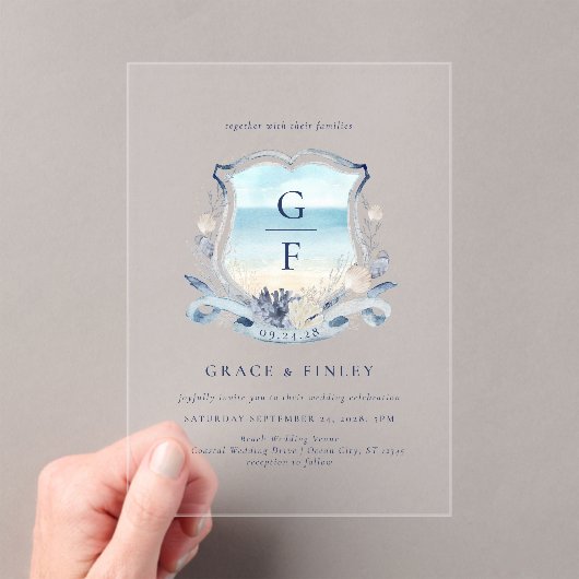 Elegante Waterverf strand Monogram Crest bruiloft Acryl Uitnodigingen (Insitu (Draagbaar))