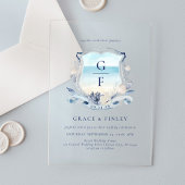 Elegante Waterverf strand Monogram Crest bruiloft Acryl Uitnodigingen